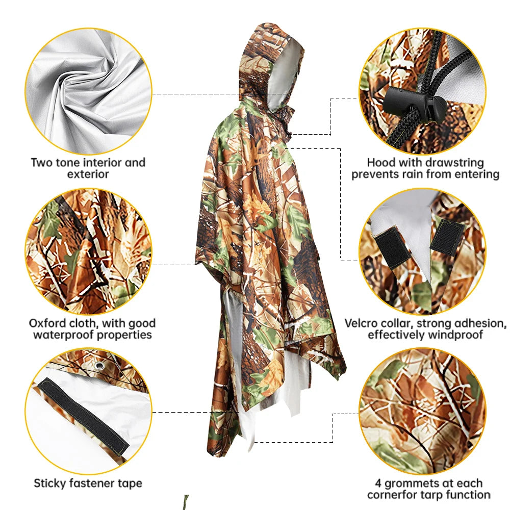Raincoat 3 in 1 Multifunctional Waterproof Rain Poncho Jacket Hiking Rain Cover Outdoor Awning Tent Mat Camping Clothes Rainwear