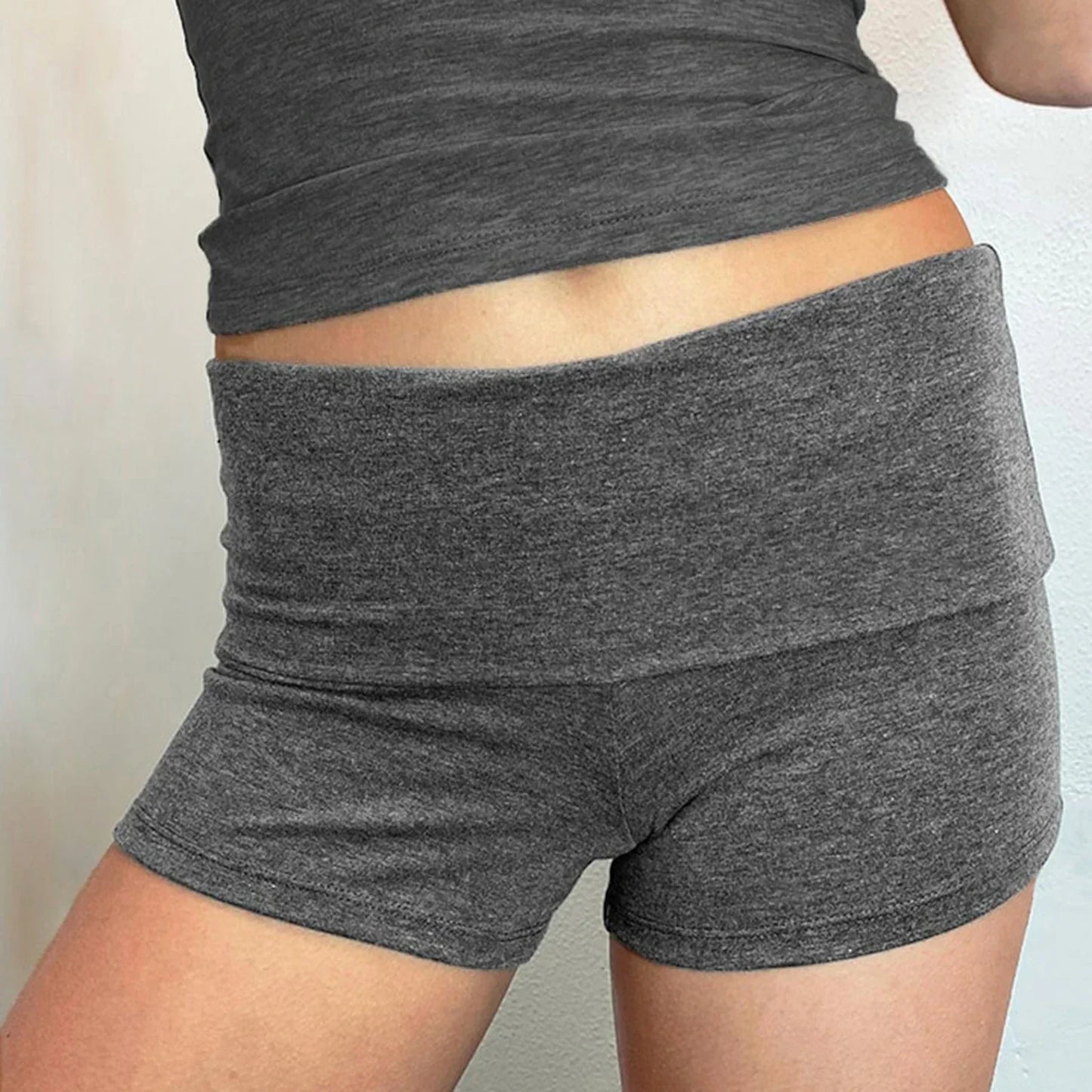 Summer Slim Yoga Shorts for Women Casual Solid Color Fold Over Low Waist Lounge Shorts
