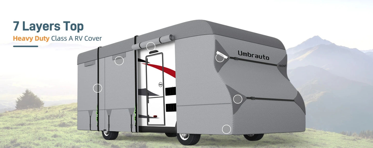 Class C RV Cover Upgraded 7 Layers Anti-UV Top Panel Motorhome Cover Windproof