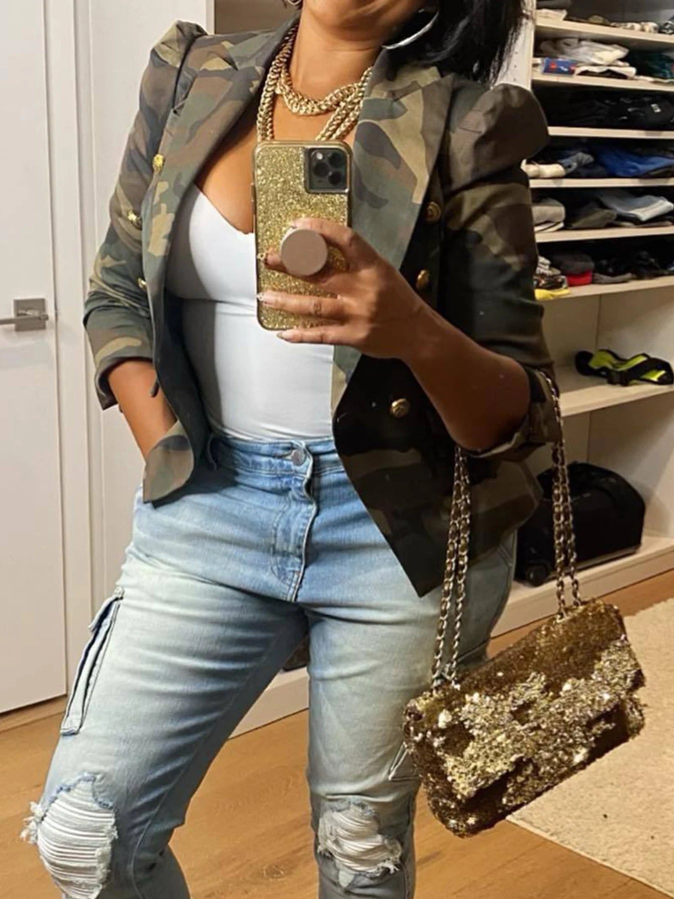 Camouflage Printed Double Breasted Jacket for Women Casual Long Sleeved Lapel Open Top Suitable for Spring and Autumn
