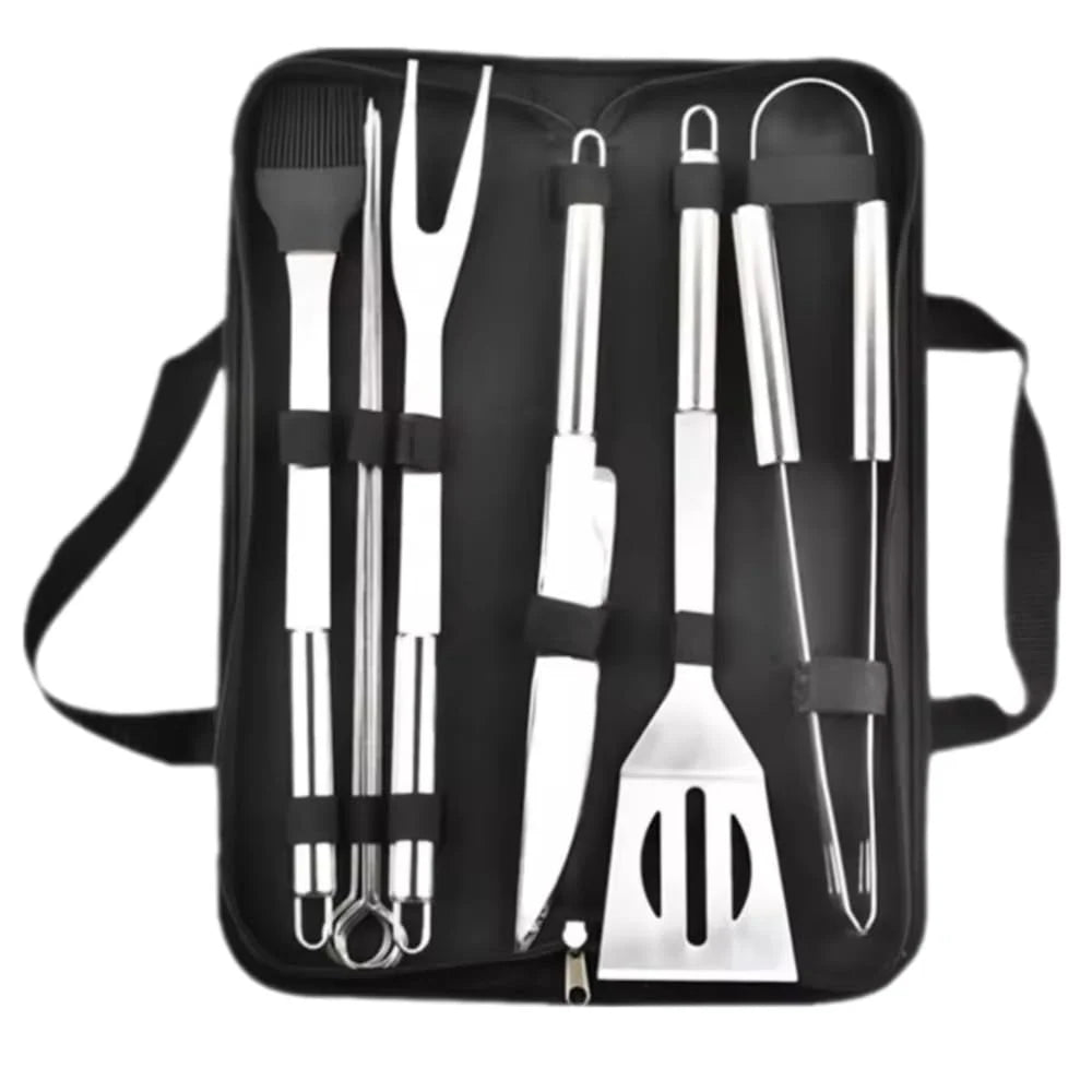 Stainless Steel BBQ Grill Tool Set 9-Piece Accessories Kit Spatula Fork Knife Brush Tongs Carry Bag Outdoor Cooking Essentials