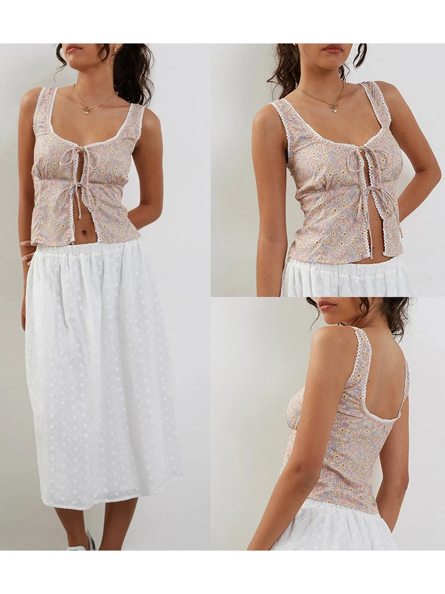 Women s Boho Style Halter Neck Sleeveless Floral Print Tie Front Crop Top Summer Fashion Cami Tank Tops