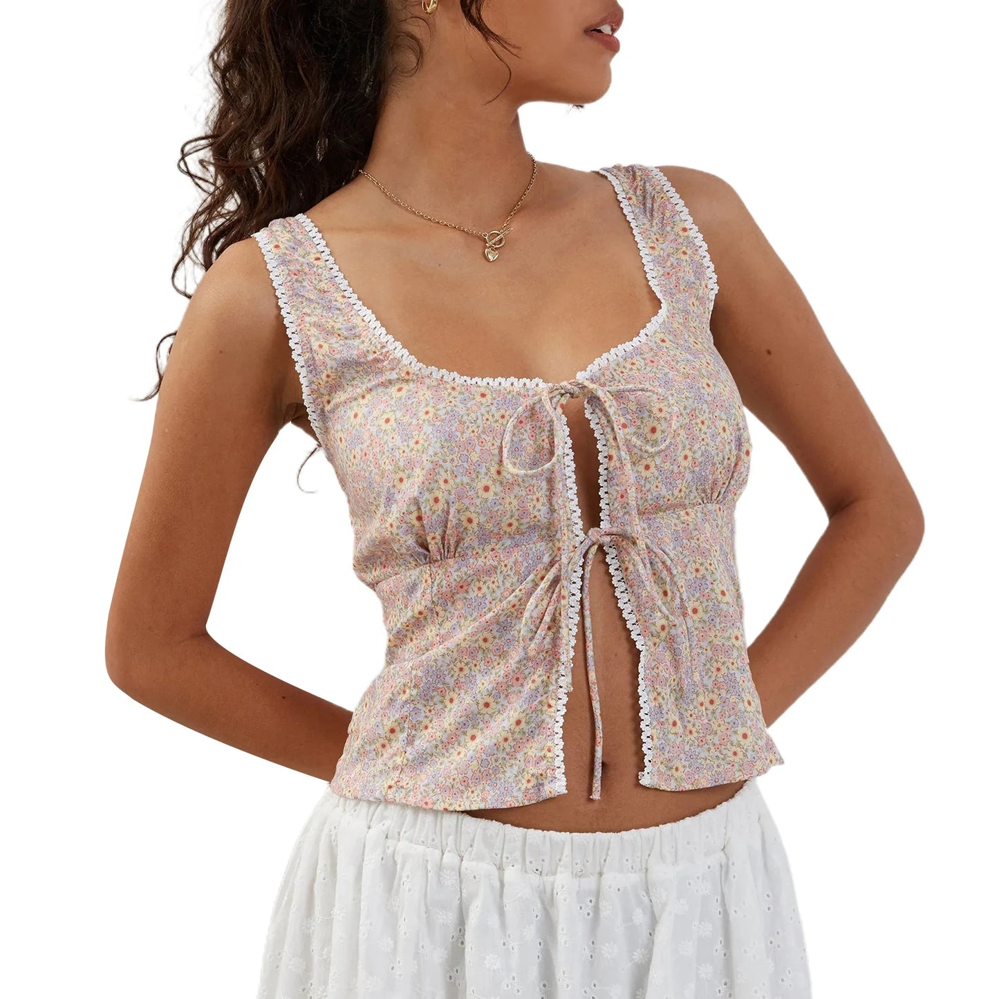 Women s Boho Style Halter Neck Sleeveless Floral Print Tie Front Crop Top Summer Fashion Cami Tank Tops