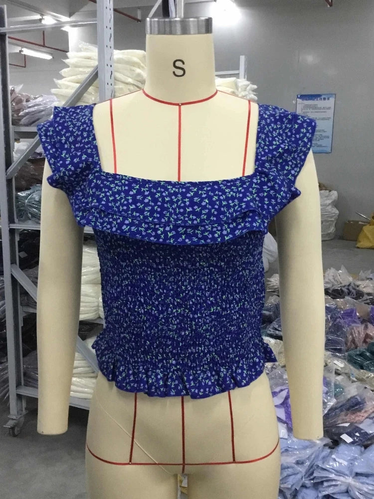 Summer Korean Sexy Off-shoulder Slash Neck Ruffles Short Sleeved Chiffon Women's Blouses Sweet Casual Floral Printing Crop Top
