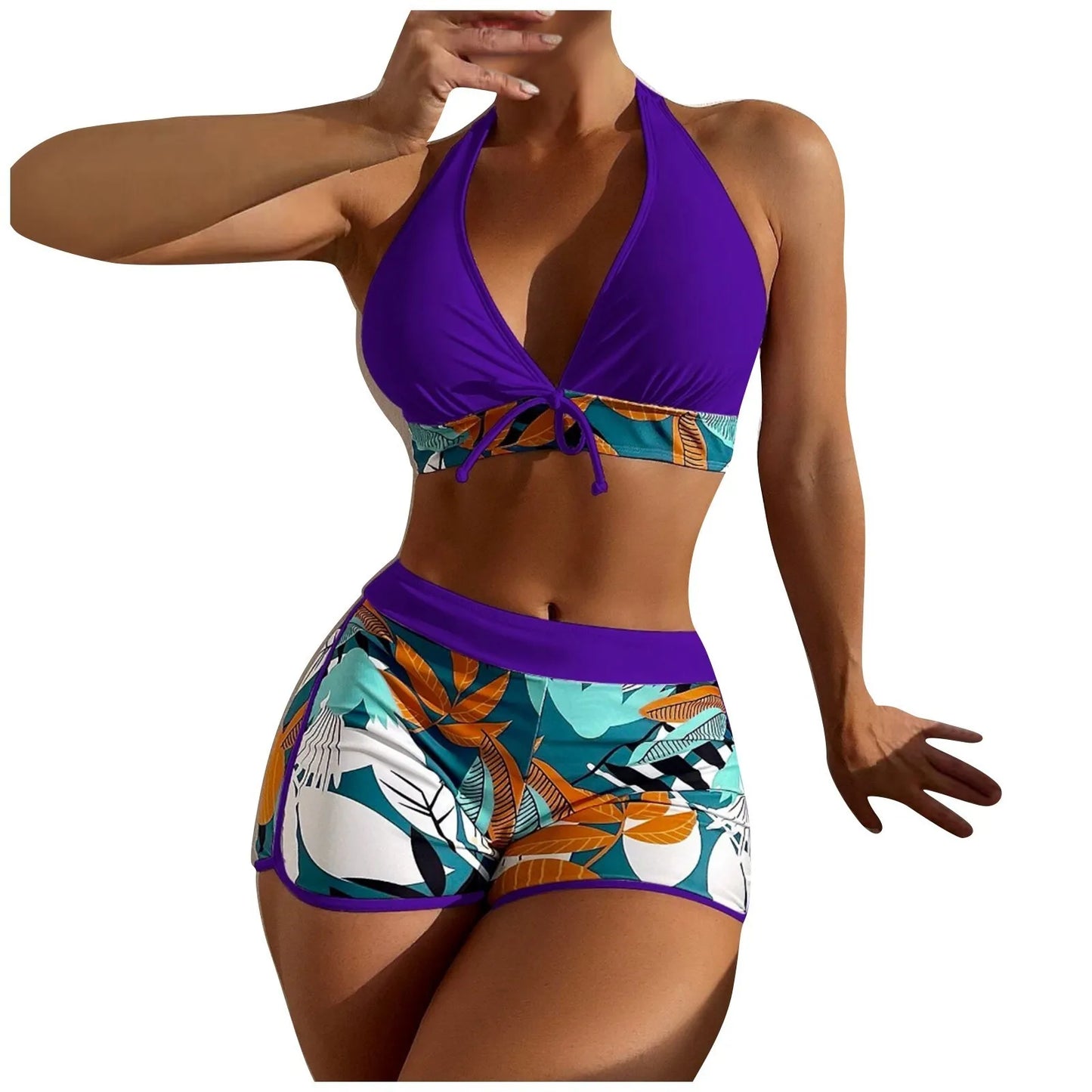 Shorts Bikinis Set  High Waist Swimsuit Women Swimwear 2 Pieces Plant Print Bathers Bathing Swim Suit Beachwear