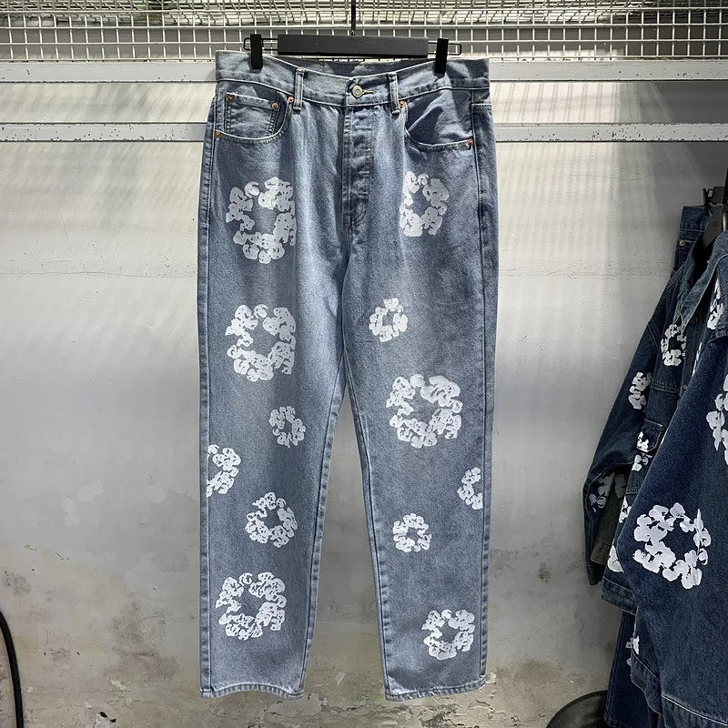 European and American high street cotton print denim jacket trendy brand hiphop explosive street pants loose retro  jacket