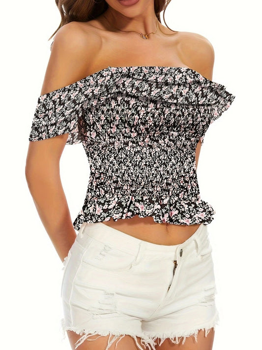 Summer Korean Sexy Off-shoulder Slash Neck Ruffles Short Sleeved Chiffon Women's Blouses Sweet Casual Floral Printing Crop Top