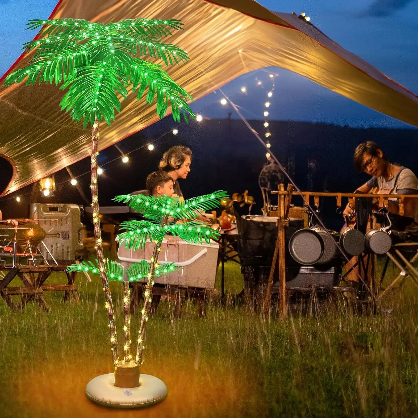 Outdoor terrace with solar powered lighting for palm trees