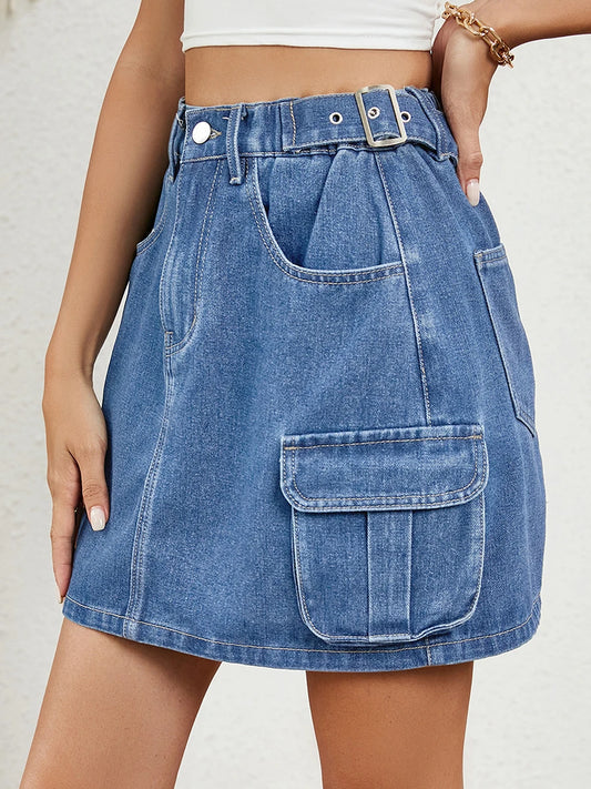 Ladies Denim Skirts in Classic Blue with Stylish Adjustable Waistband and Convenient Pockets - Trendy Summer Fashion Mini Skirt