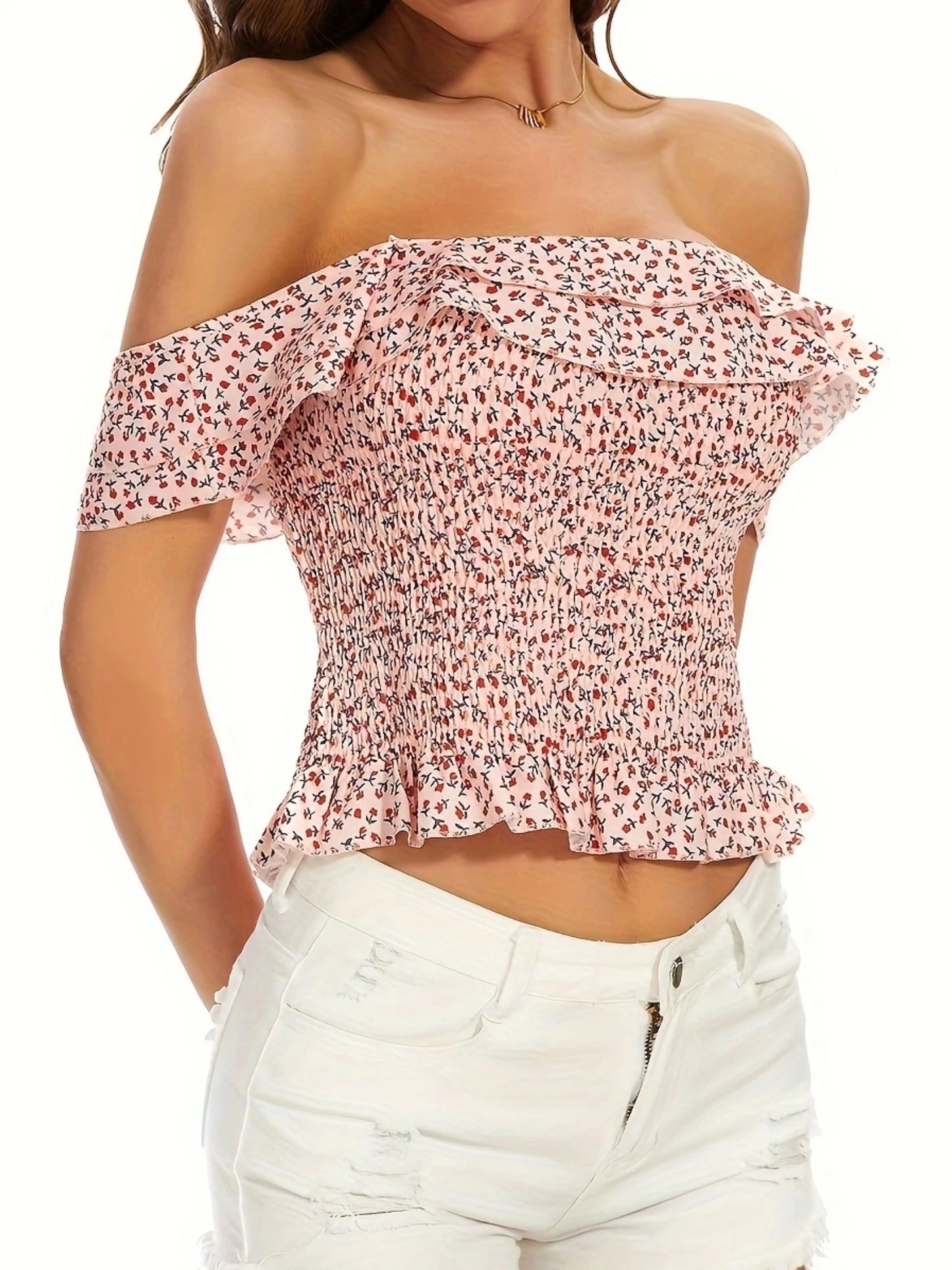 Summer Korean Sexy Off-shoulder Slash Neck Ruffles Short Sleeved Chiffon Women's Blouses Sweet Casual Floral Printing Crop Top