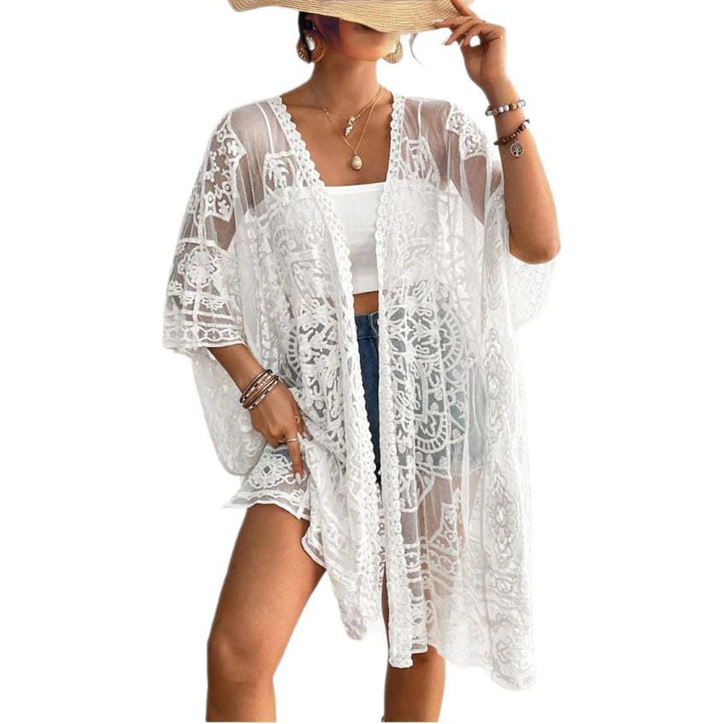 Women s Floral Lace Kimono Cardigan with 3 4 Sleeves and Open Front Sheer Mesh Crochet Bikini Cover-Up