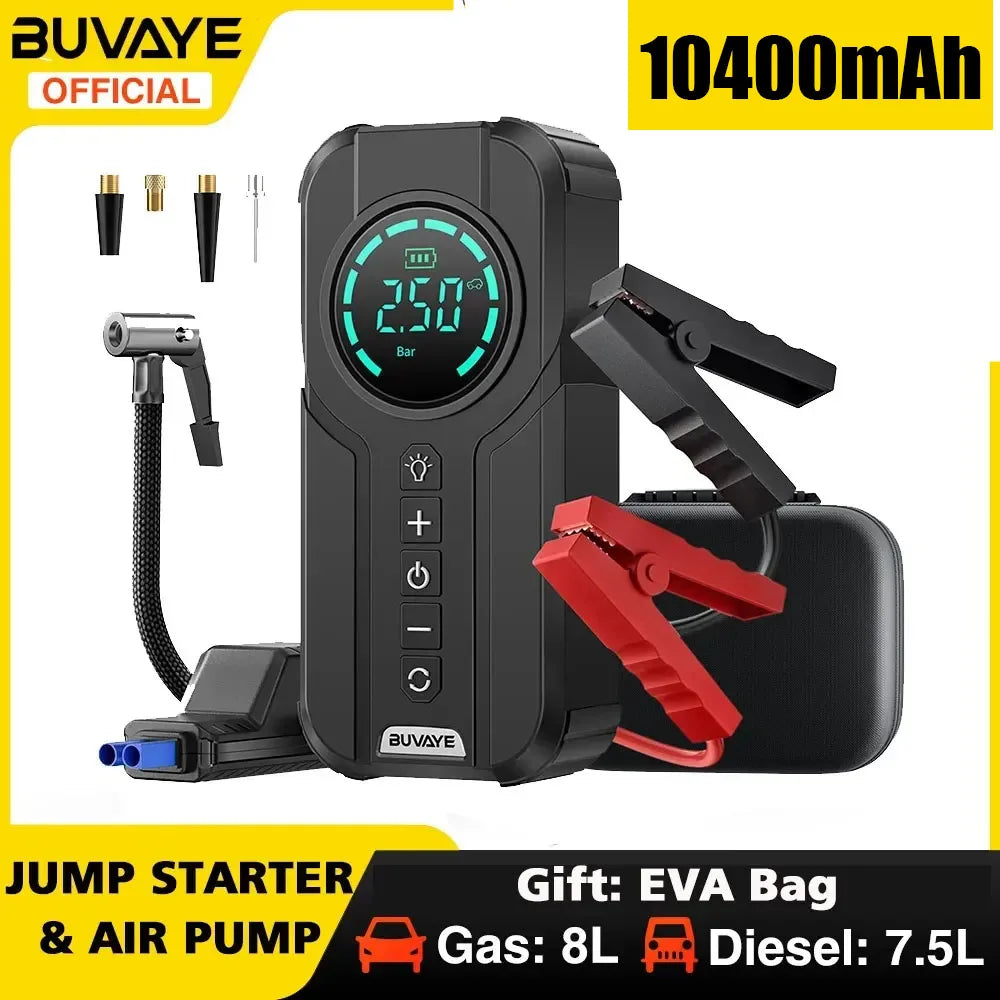 BUVAYE Car Jump Starter Air Pump Portable Air Compressor Multi-function Tire Inflator Auto Portable Battery Starter With EVA Bag