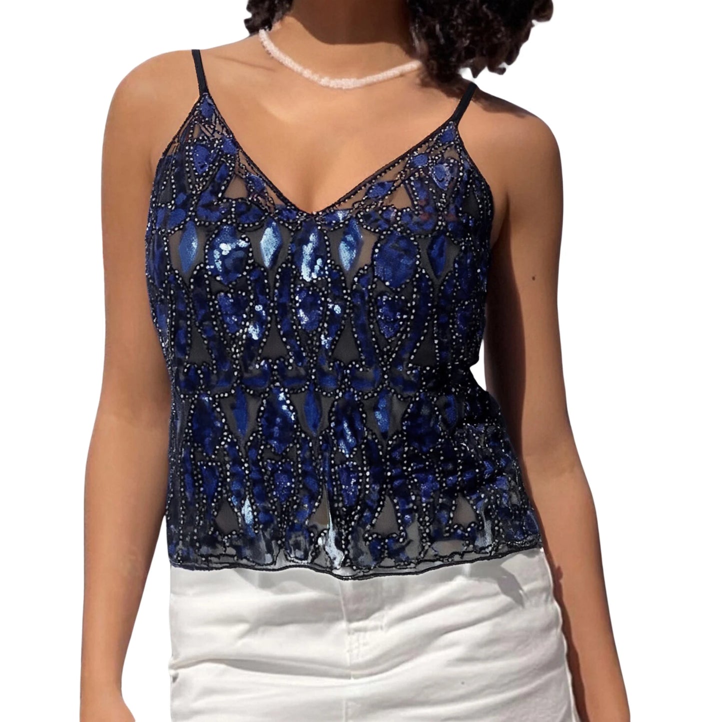 Women s Sparkling Sequin Embellished Crop Top Sleeveless V-Neck  Fit Camisole Streetwear Fashion Tank Tops