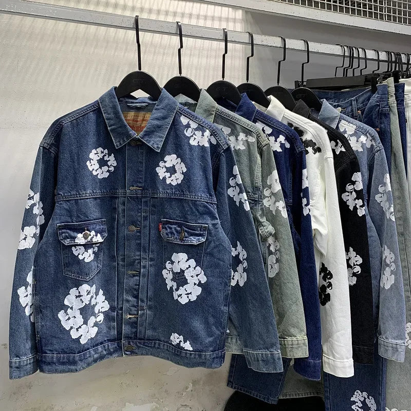 European and American high street cotton print denim jacket trendy brand hiphop explosive street pants loose retro  jacket
