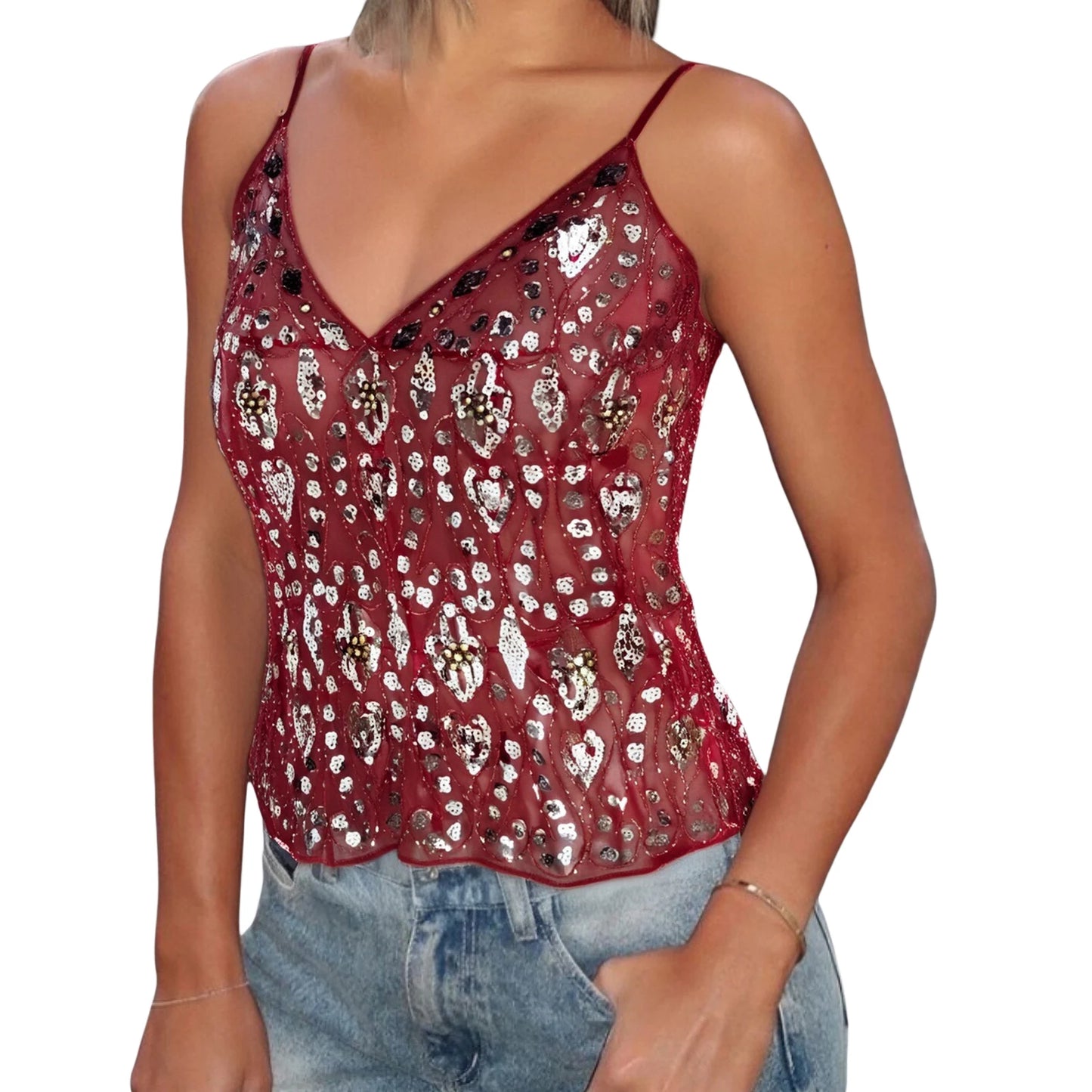 Women s Sparkling Sequin Embellished Crop Top Sleeveless V-Neck  Fit Camisole Streetwear Fashion Tank Tops