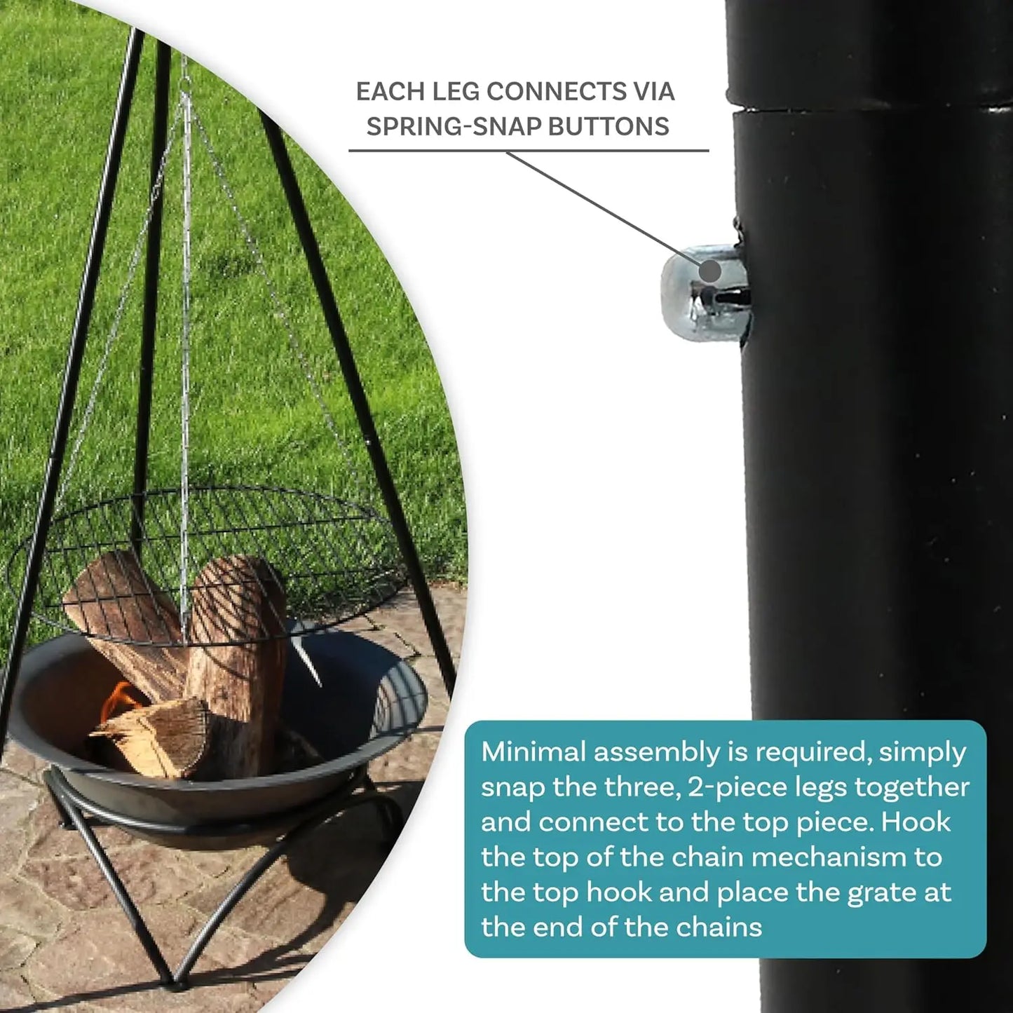 Outdoor Fire Pit Tripod Cooking Grill System - Black Steel Grate and Legs - 22-Inch
