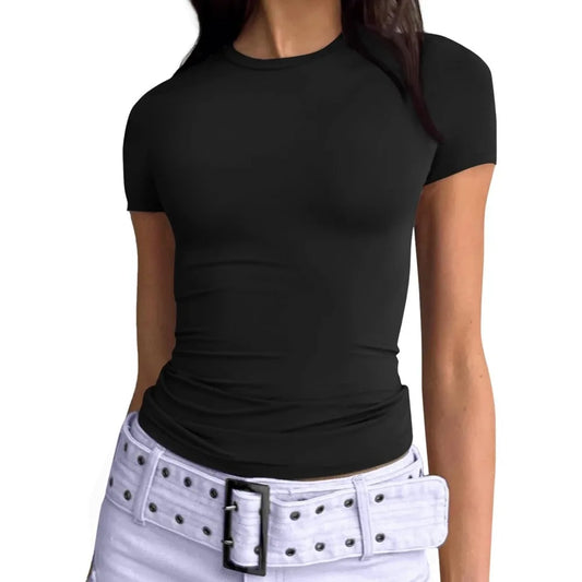 Womens Basic T Shirts Summer Outfits 2025 Scoop Neck Short Sleeve Crop Tops Slim Fit Tees Clothing