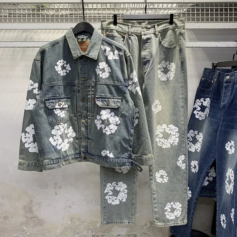 European and American high street cotton print denim jacket trendy brand hiphop explosive street pants loose retro  jacket