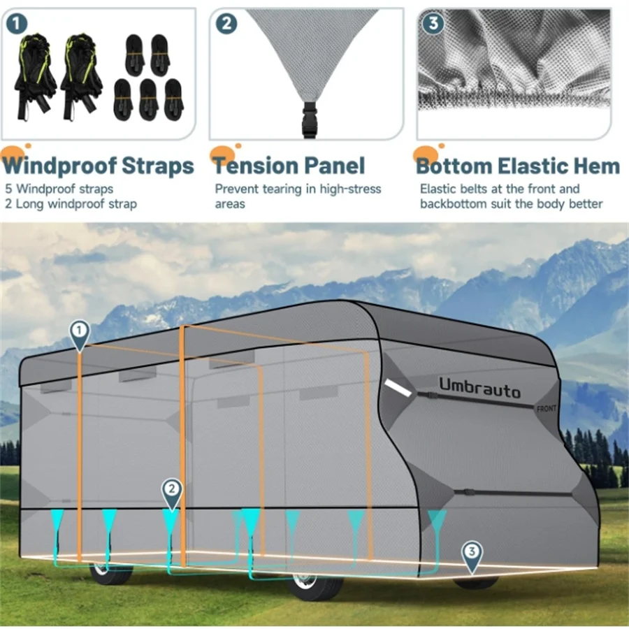 Class C RV Cover Upgraded 7 Layers Anti-UV Top Panel Motorhome Cover Windproof