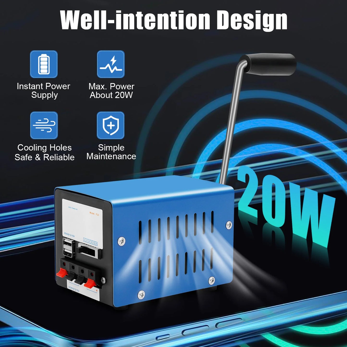 20W Hand Crank Generator, High Power Portable Emergency USB Charger for Outdoor Travel Camping Hiking Survival Activities 28V