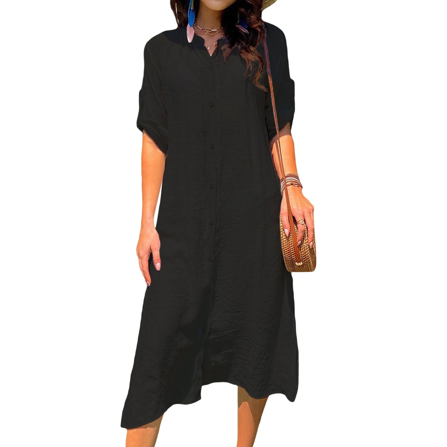 Women Loose Bikini Cover Up Solid Color Long Sleeve Button Down Shirt Cardigan Smock for Summer Swimsuit