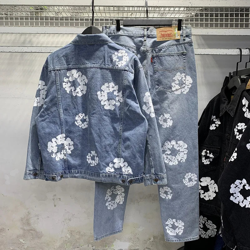 European and American high street cotton print denim jacket trendy brand hiphop explosive street pants loose retro  jacket