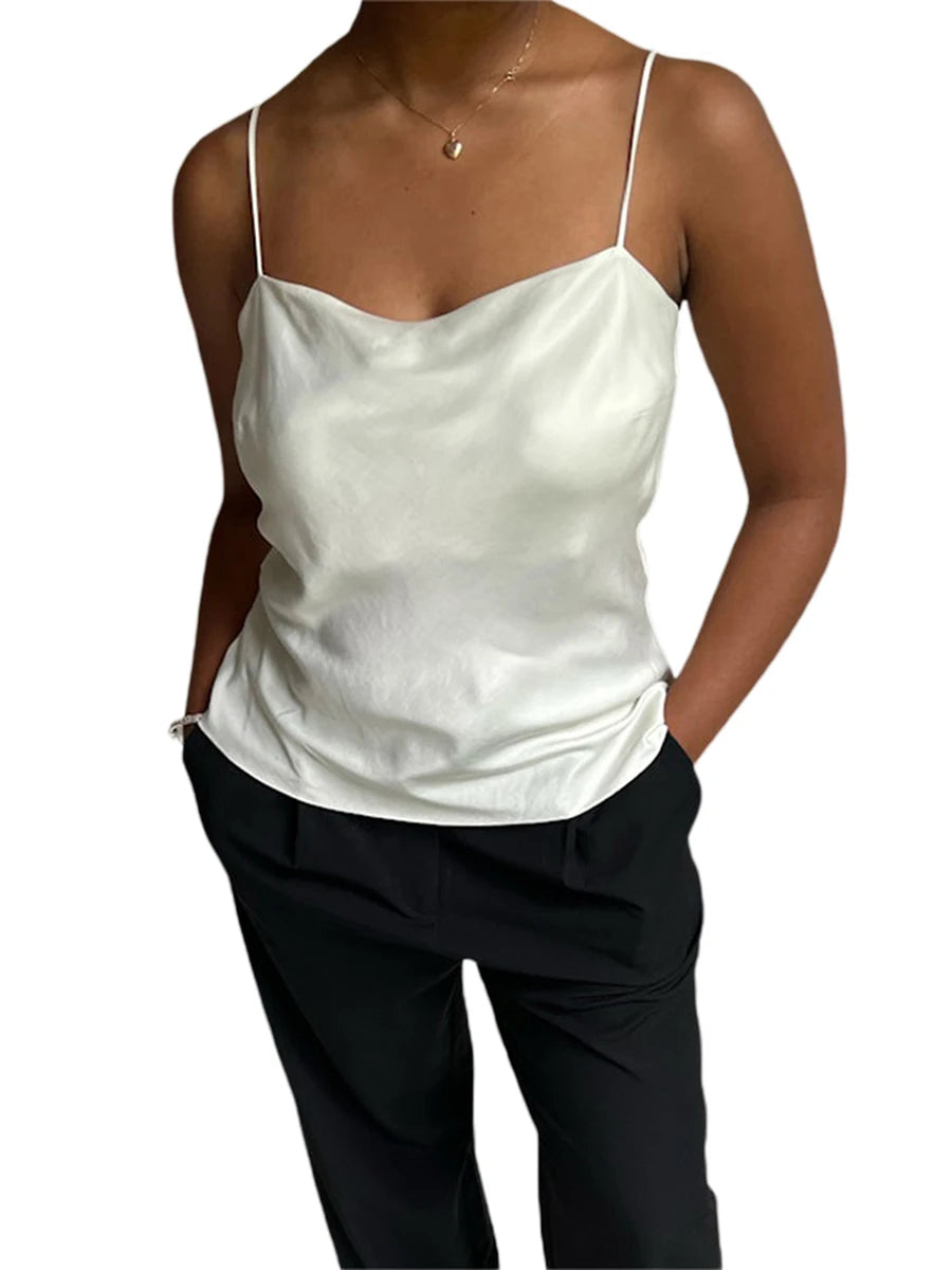Women Summer Satin Camisole Casual Solid Color Bandage Backless Sleeveless Tops for Streetwear Clubwear