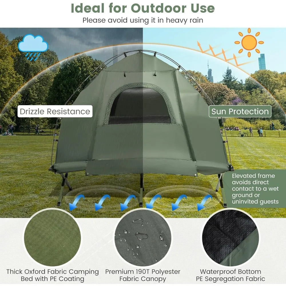 Camping Tent Cot, 5 in 1 Off Ground Elevated Tent with Air Mattress, Sleeping Bag & Pillow, Folding Camping Cot Combo with Carr