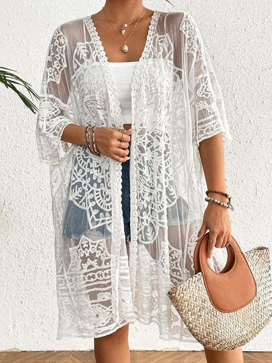 Women s Floral Lace Kimono Cardigan with 3 4 Sleeves and Open Front Sheer Mesh Crochet Bikini Cover-Up