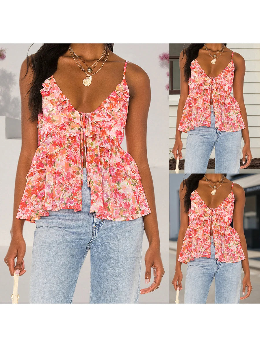 Women s Floral Print Spaghetti Strap Tank Top Sleeveless Camisole Casual Summer Fashion Streetwear Tops for Ladies