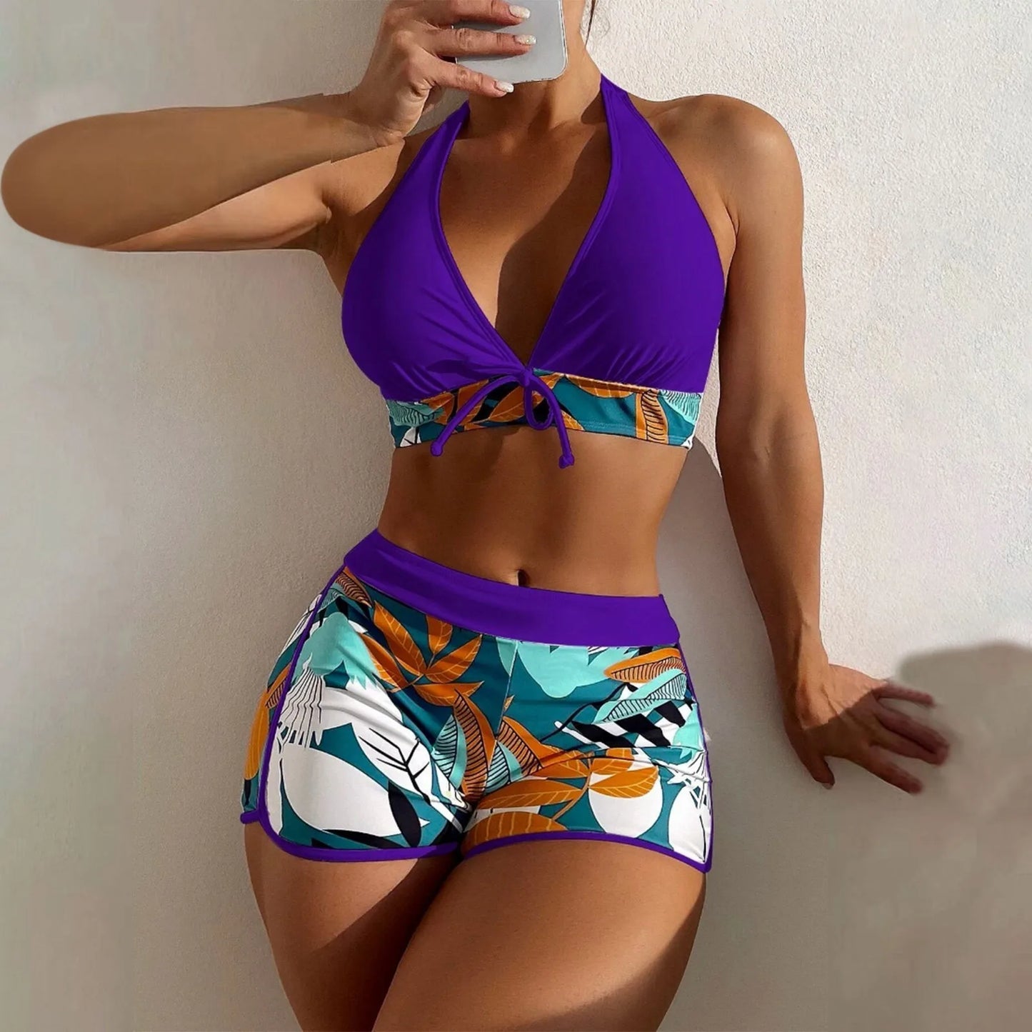 Shorts Bikinis Set  High Waist Swimsuit Women Swimwear 2 Pieces Plant Print Bathers Bathing Swim Suit Beachwear
