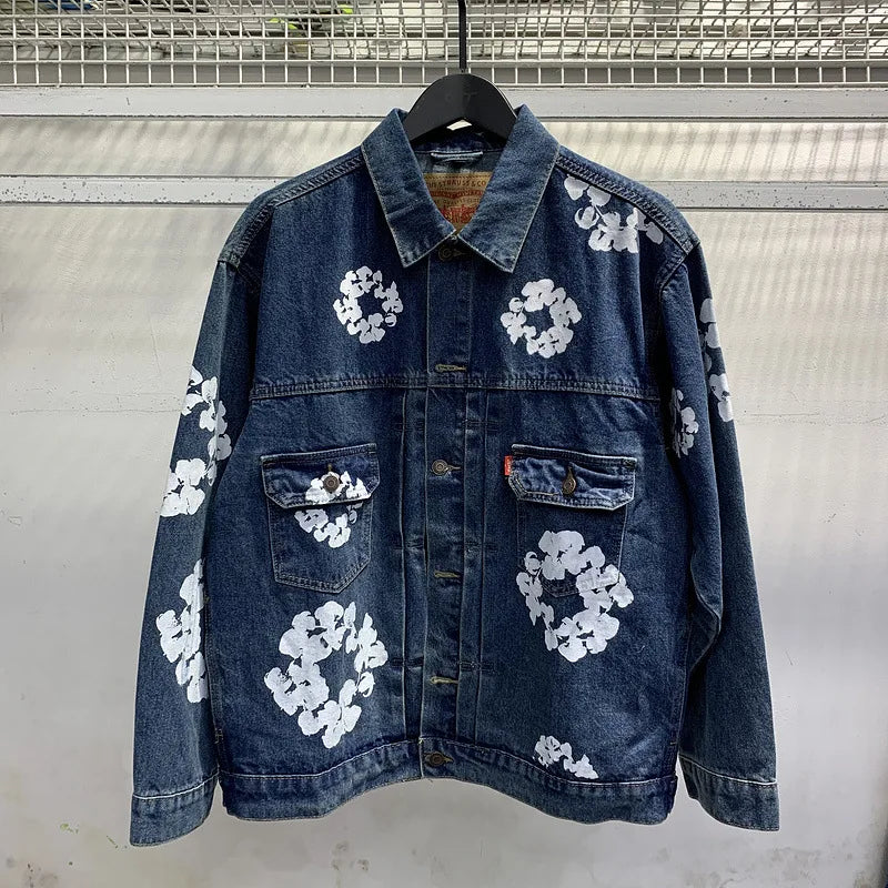 European and American high street cotton print denim jacket trendy brand hiphop explosive street pants loose retro  jacket