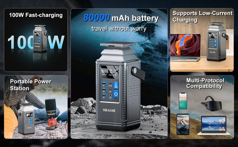 Portable Power Station,296Wh 80000mAh Outdoor Generator Quick Charge In/Out PD 100W