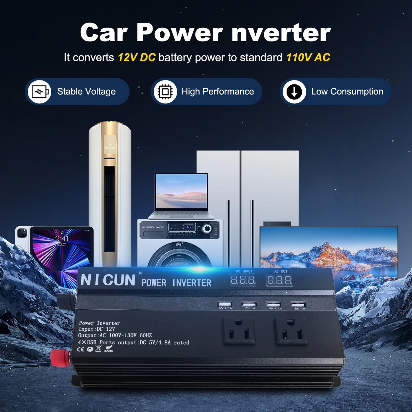 6000W Car Converter Power Inverter DC 12V To AC 110V Sine Wave Solar Power Converter LCD Home RV Solar Adapter 4 USB Ports