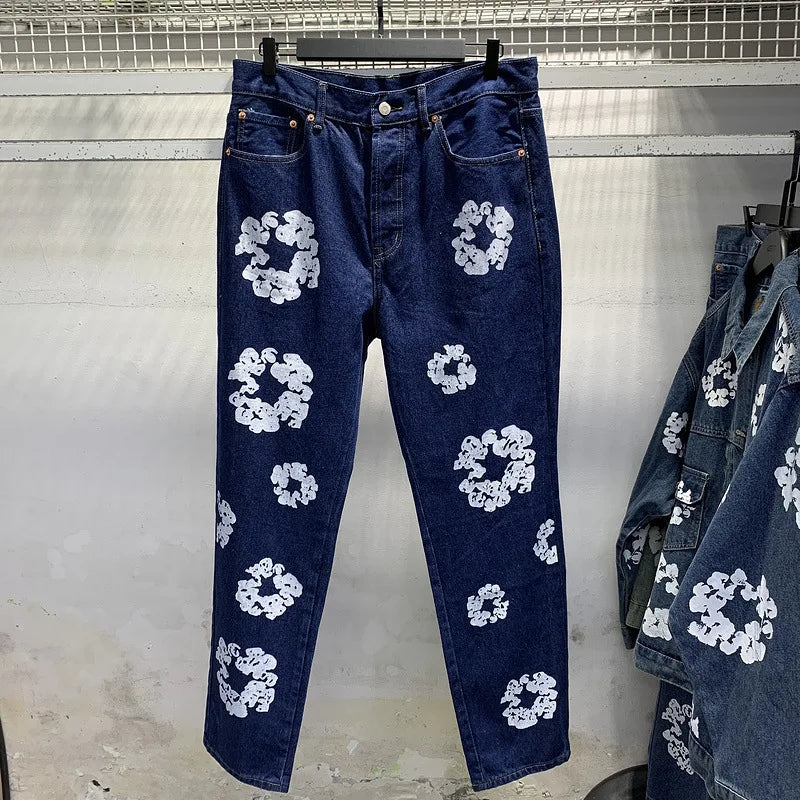 European and American high street cotton print denim jacket trendy brand hiphop explosive street pants loose retro  jacket