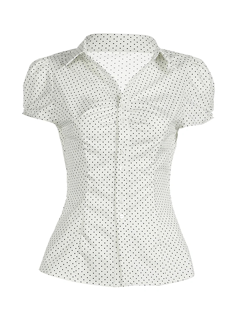 Women s Polka Dot Print Button Down Shirt with Short Sleeves Casual Blouse Top for Streetwear Fashion and Aesthetic Clothing