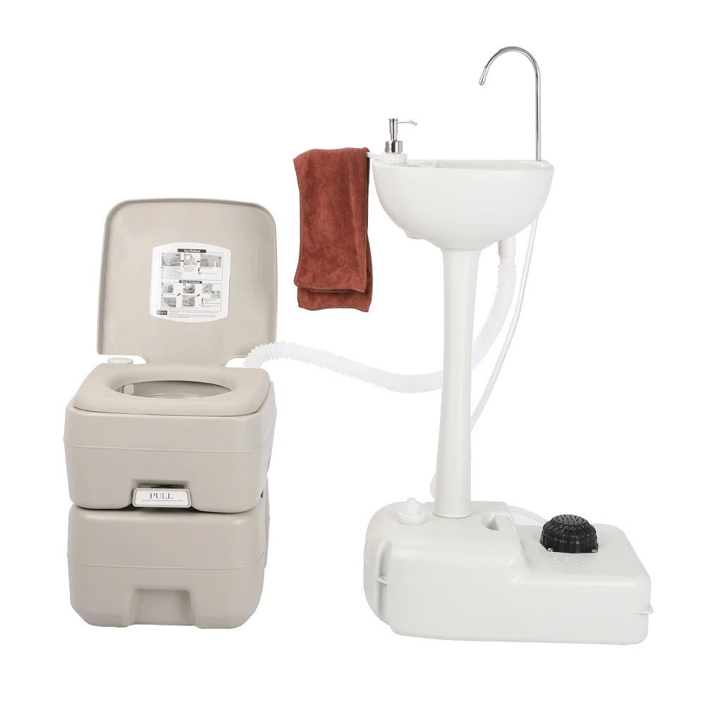 Outdoor Portable Camping Sink with Toilet, Standing Hand Wash Basin with Foot Pump and Water Tank, for RV, Travel, Fishing