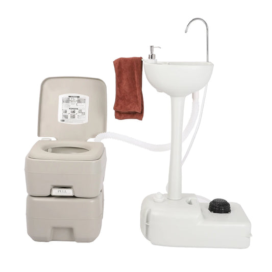 Outdoor Portable Camping Sink with Toilet, Standing Hand Wash Basin with Foot Pump and Water Tank, for RV, Travel, Fishing