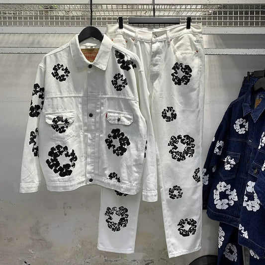 European and American high street cotton print denim jacket trendy brand hiphop explosive street pants loose retro  jacket