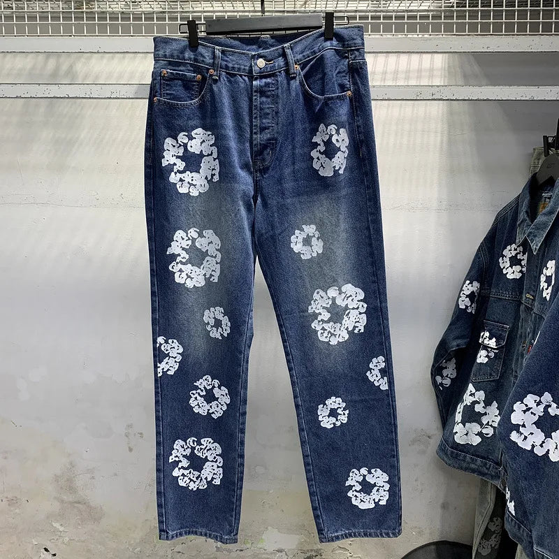 European and American high street cotton print denim jacket trendy brand hiphop explosive street pants loose retro  jacket