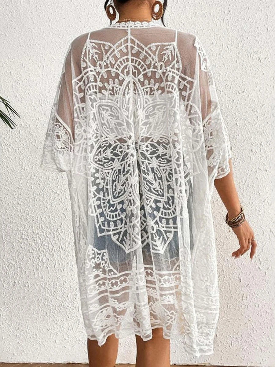 Women s Floral Lace Kimono Cardigan with 3 4 Sleeves and Open Front Sheer Mesh Crochet Bikini Cover-Up