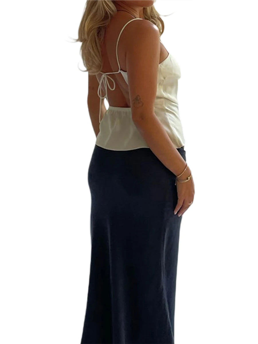 Women Summer Satin Camisole Casual Solid Color Bandage Backless Sleeveless Tops for Streetwear Clubwear