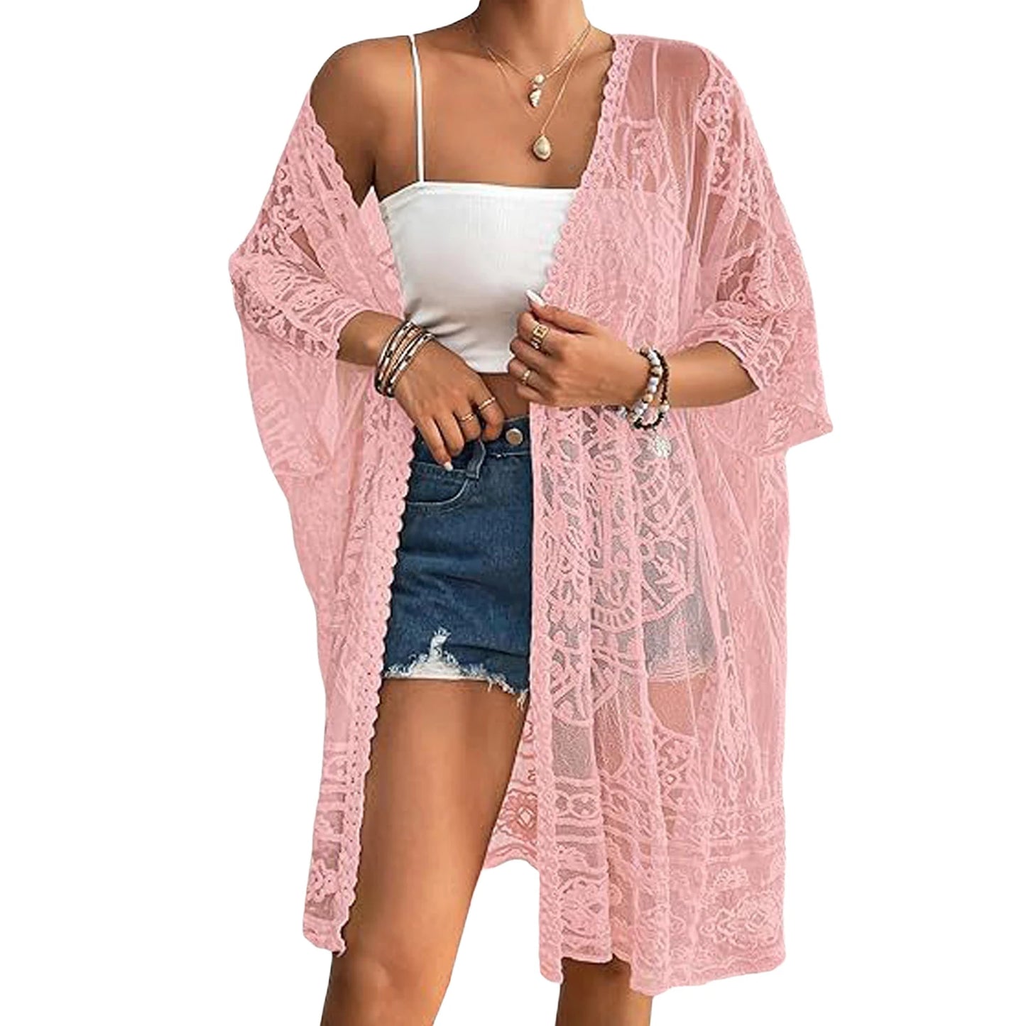 Women s Floral Lace Kimono Cardigan with 3 4 Sleeves and Open Front Sheer Mesh Crochet Bikini Cover-Up