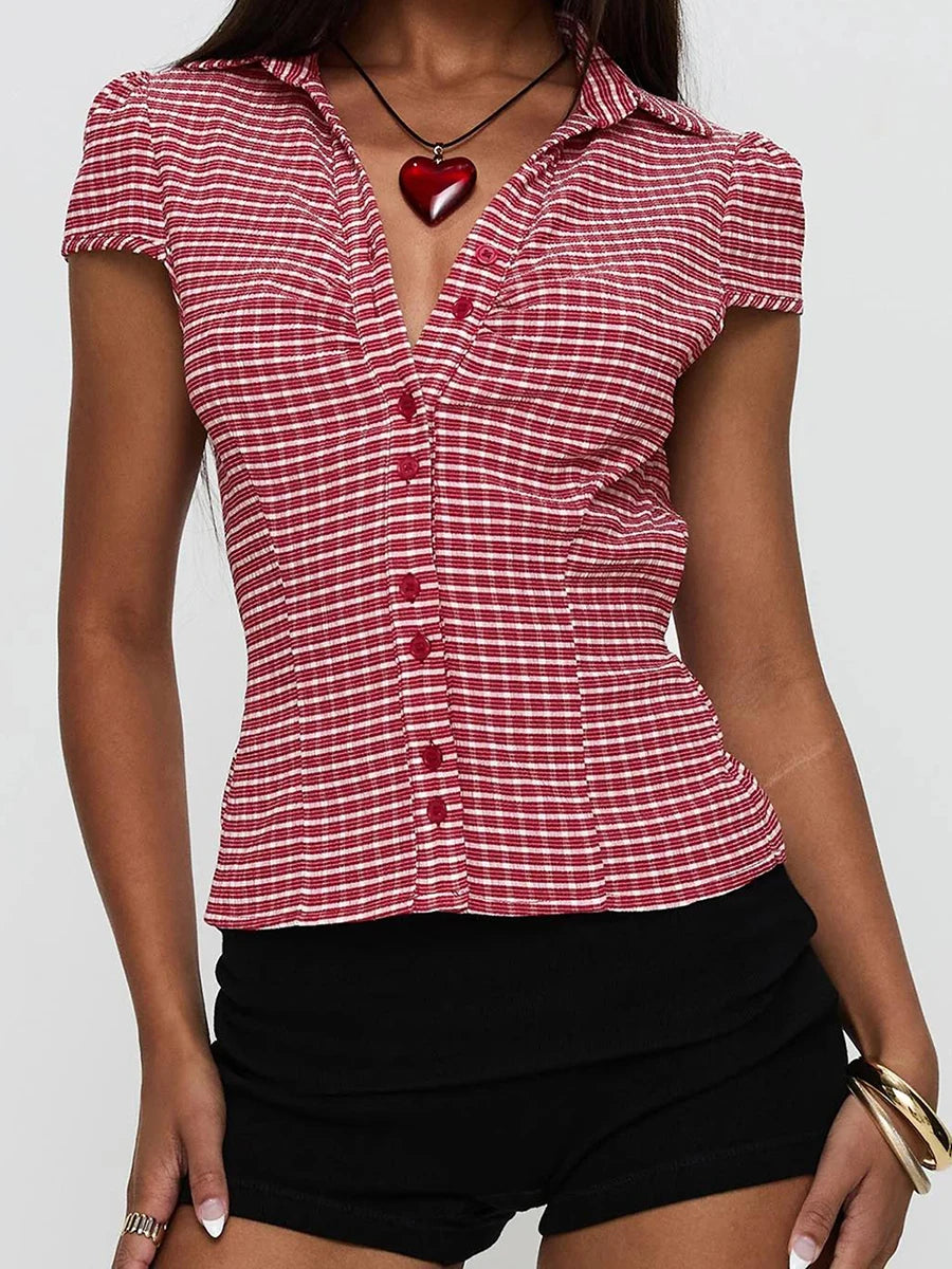 Women s Stylish Plaid Print Short Sleeve Shirt Lapel Button Down  Fit Casual Blouse Streetwear Summer Tops Collection