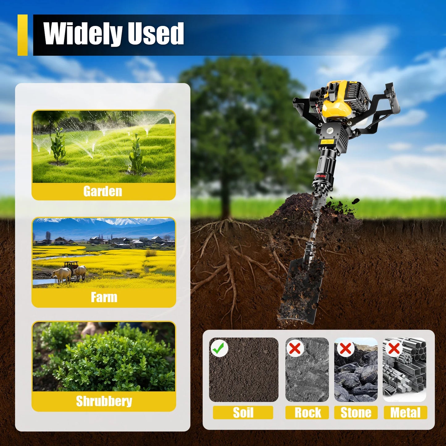 2-Stroke 52cc Portable Garden Tree Digging Machine with Shovel 6500r/min