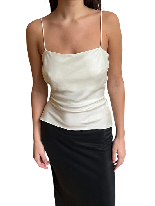 Women Summer Satin Camisole Casual Solid Color Bandage Backless Sleeveless Tops for Streetwear Clubwear