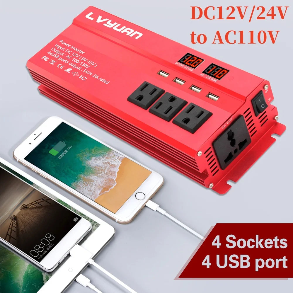 12V To 220V 5000W 6000W Power Inverter LED Display US Socket Solar Inverter Dual USB Fast Charging for Phone Laptops Car