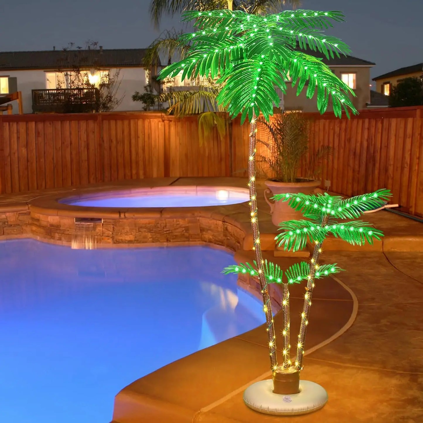 Outdoor terrace with solar powered lighting for palm trees