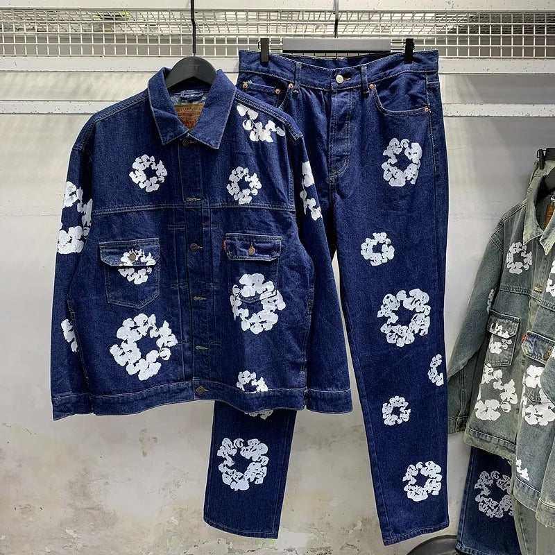European and American high street cotton print denim jacket trendy brand hiphop explosive street pants loose retro  jacket