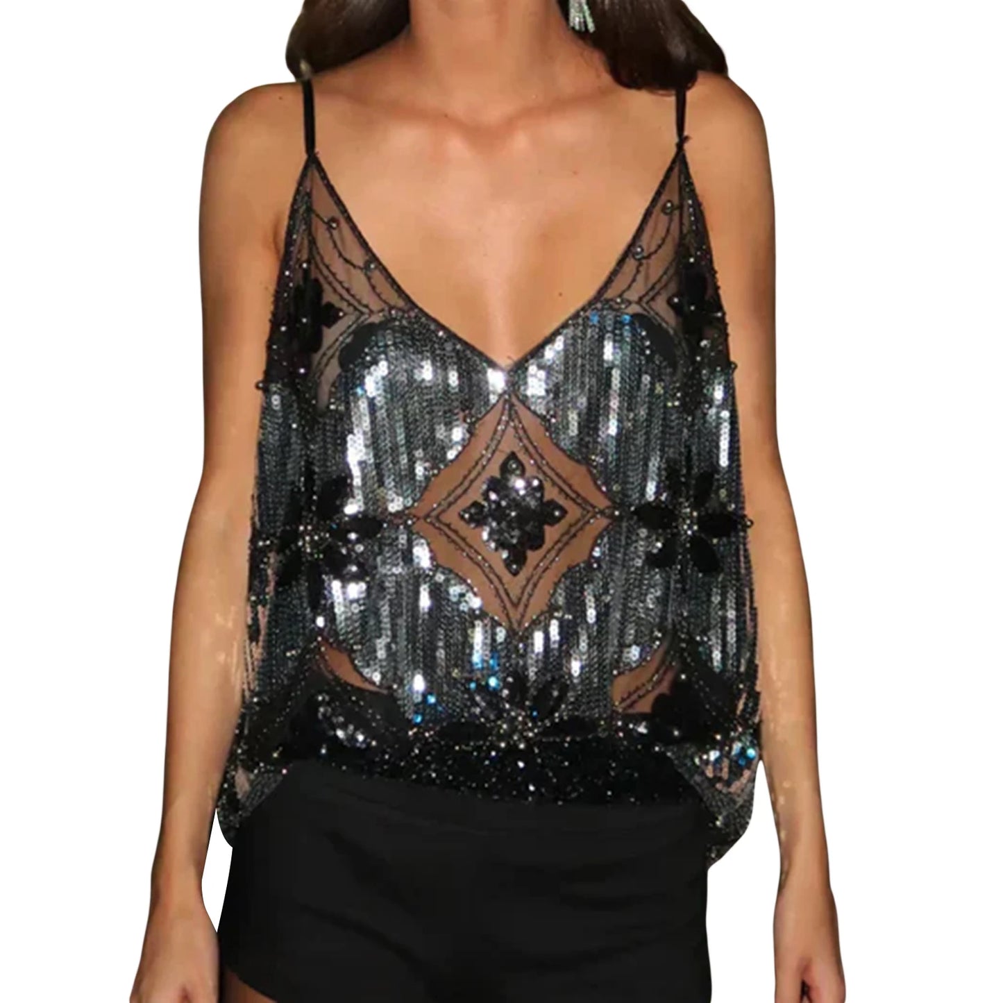 Women s Sparkling Sequin Embellished Crop Top Sleeveless V-Neck  Fit Camisole Streetwear Fashion Tank Tops